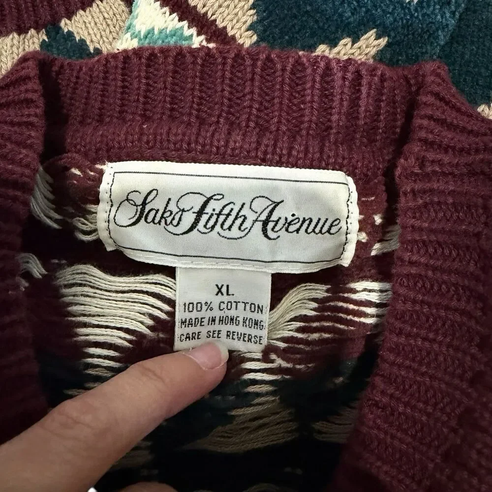 VTG 90s Saks Fifth Avenue 100% Cotton Geometric Grandpa Sweater Multicolor XL
